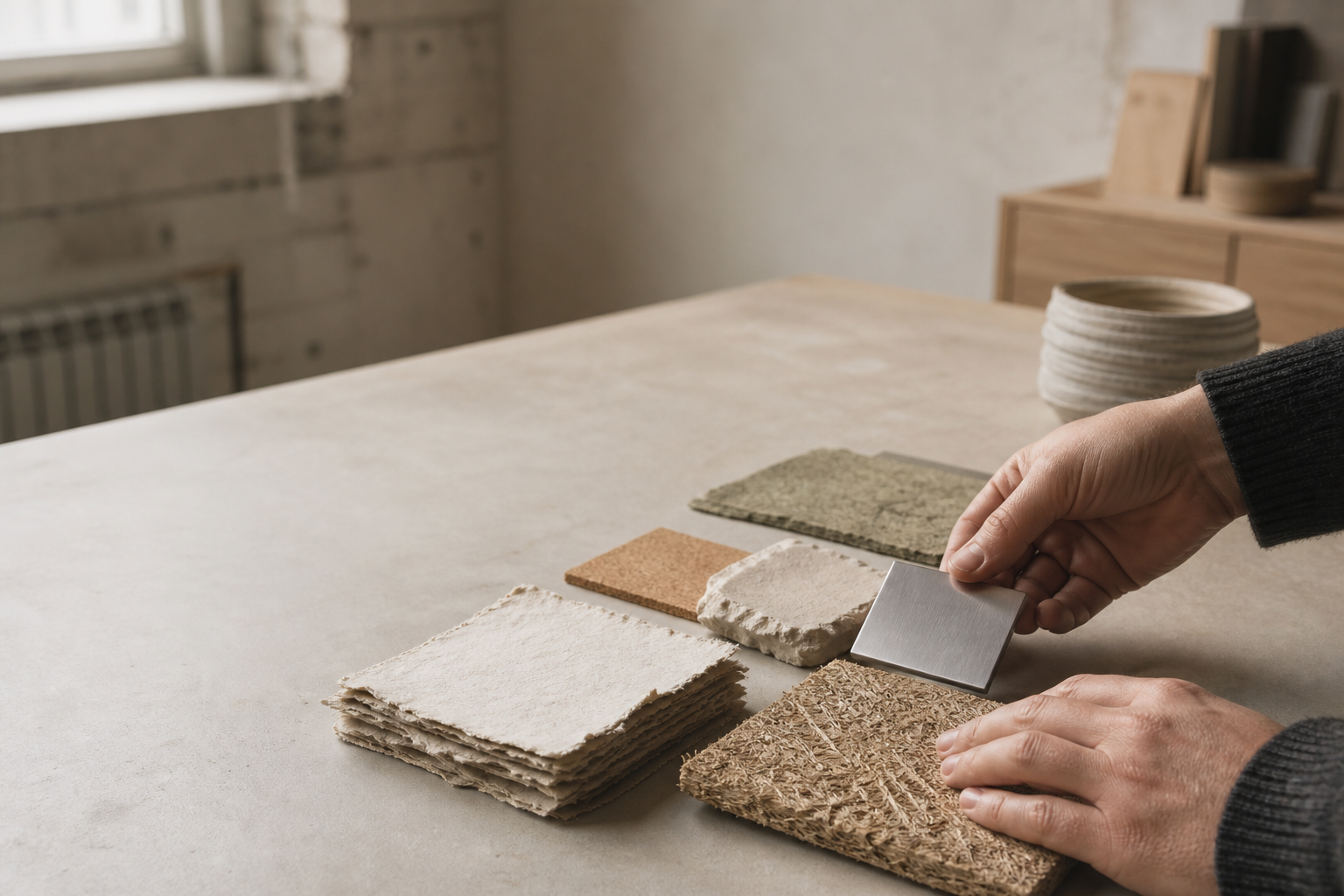 Des mains disposent des échantillons de matériaux sur une table de travail, accompagnés de mesures de données matérielles.